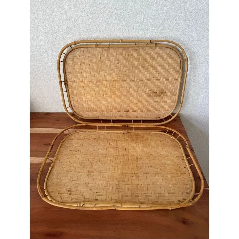 Rattan wicker bamboo vintage serving  tray set of 2 wooden woven  island tropica